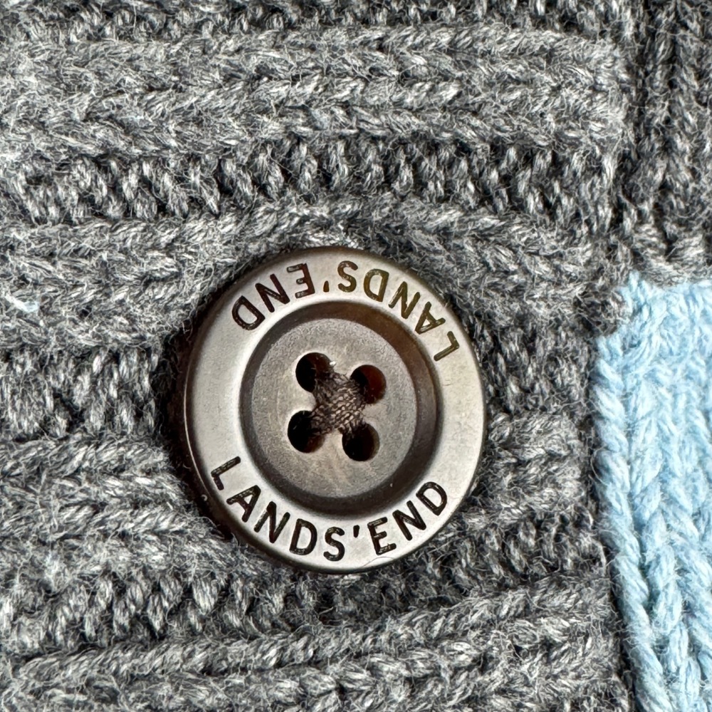 Lands End Boys Blue White Knit Sweater Sherpa Lined Collar Button Neck XL 18-20 - Picture 9 of 14